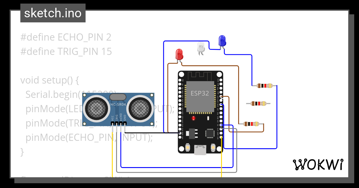 LED Dengan Sensor Ultrasonic Wokwi ESP32 STM32 Arduino Simulator