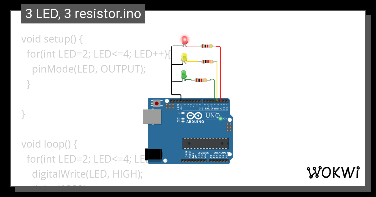 3 LED 3 Resistor Ino Wokwi ESP32 STM32 Arduino Simulator