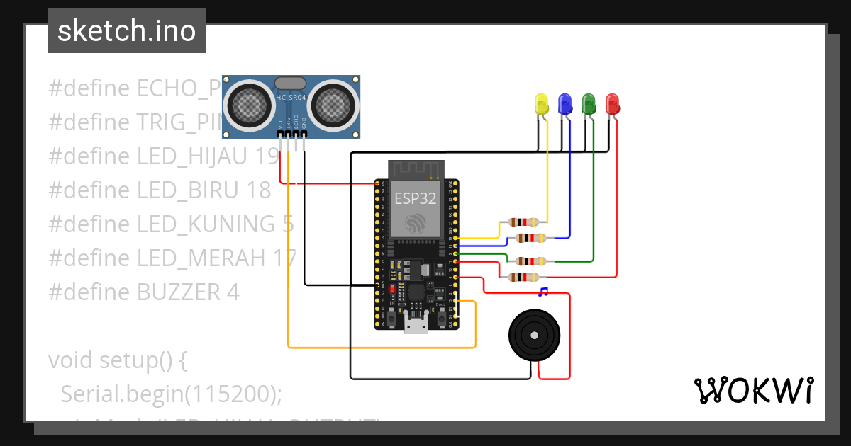 Pengukuran Jarak Dengan Dengan Indikator Led Dan Buzzer Wokwi Esp