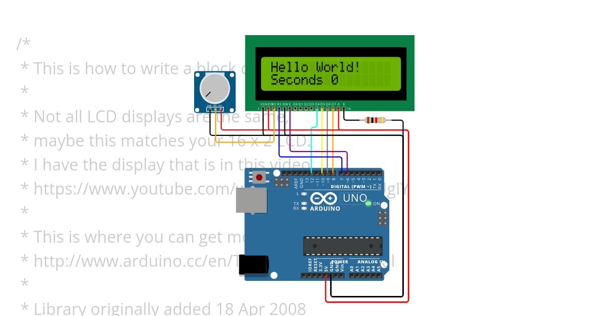 Arduino UNO with 16 x 2 LCD display simulation