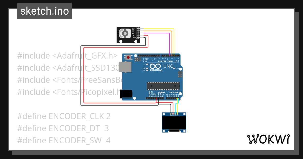 Uno OLED Rotary Encoder - Wokwi ESP32, STM32, Arduino Simulator