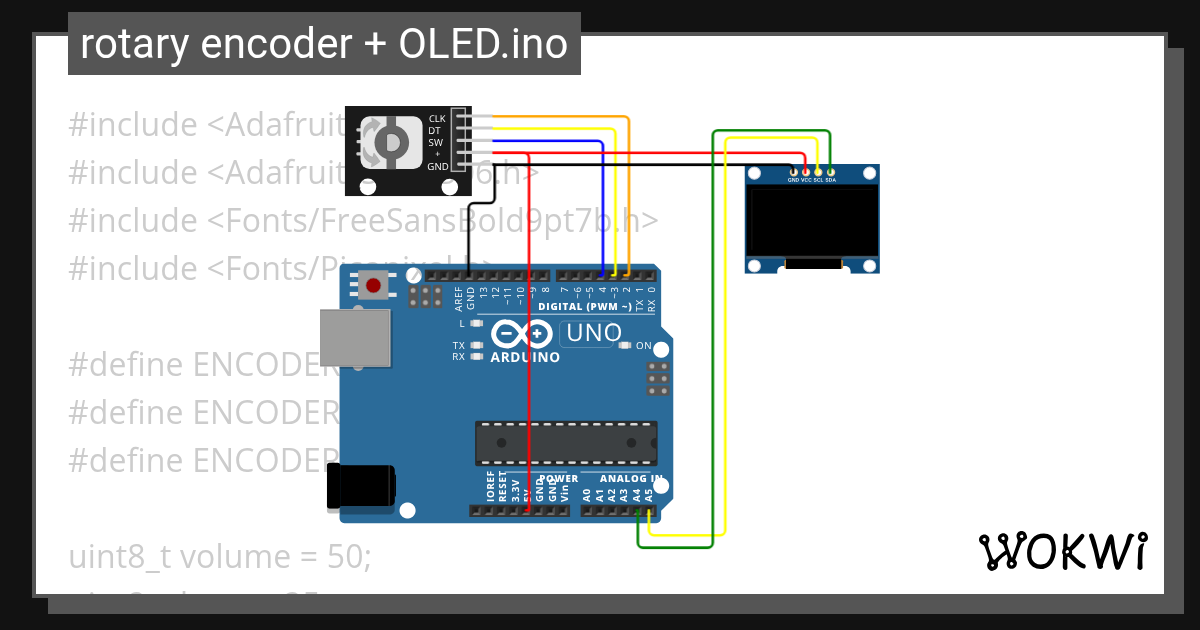 rotary encoder + OLED.ino - Wokwi ESP32, STM32, Arduino Simulator