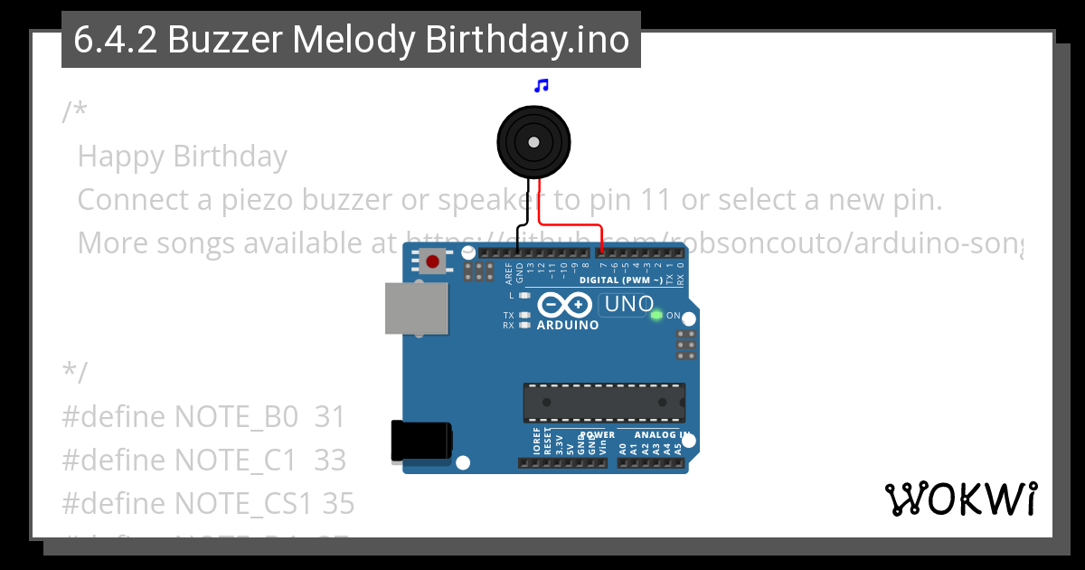 6.5.2 Buzzer Melody Birthday.ino - Wokwi Arduino and ESP32 Simulator