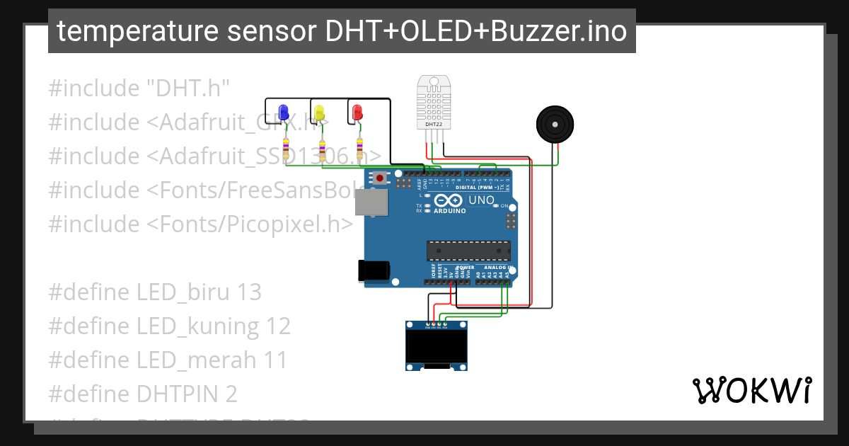 temperature sensor DHT+OLED+Buzzer.ino Wokwi ESP32, STM32, Arduino