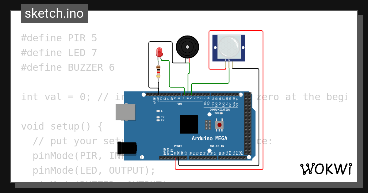 IOME PIR+ LED+ BUZZ - Wokwi ESP32, STM32, Arduino Simulator