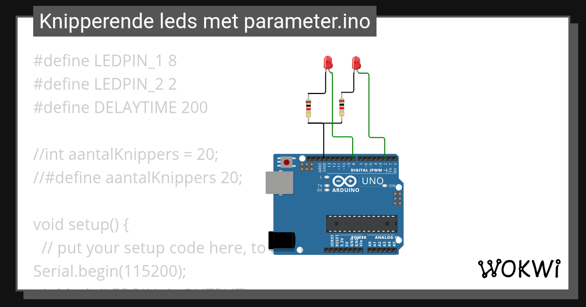 Knipperende leds met parameter.ino Wokwi ESP32, STM32, Arduino Simulator