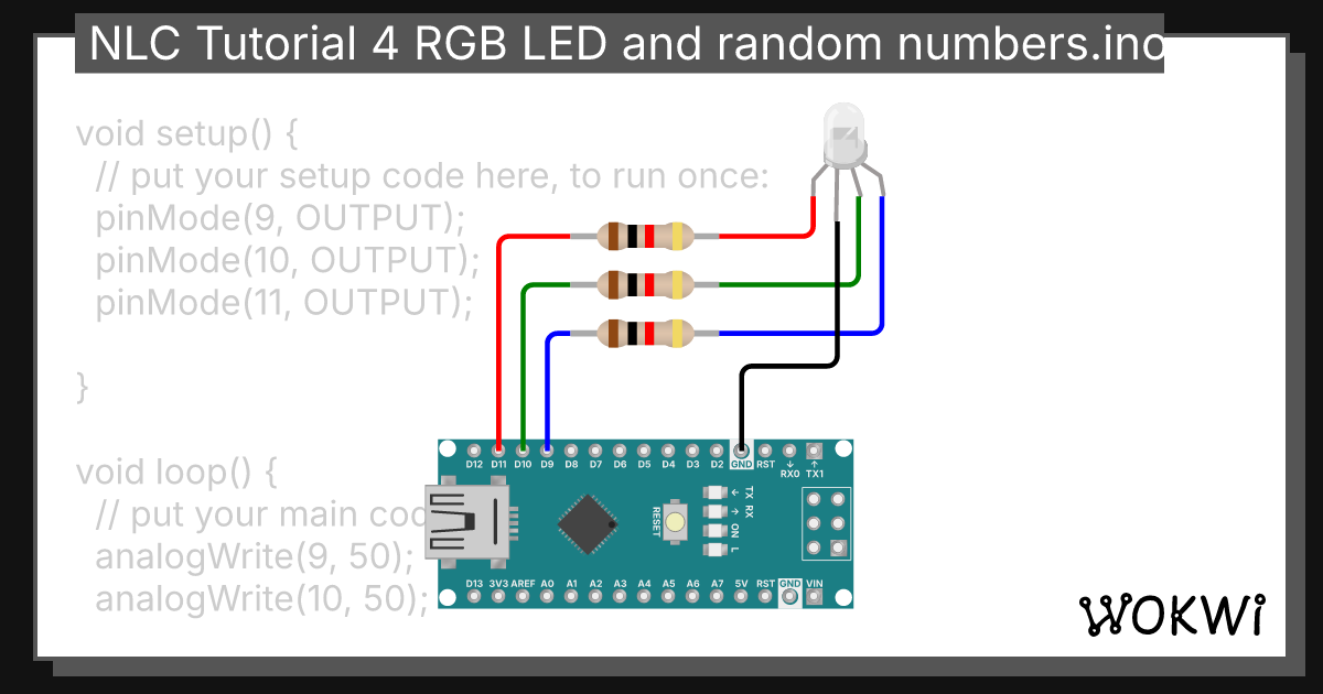 NLC Tutorial 4 RGB LED and random numbers.ino - Wokwi ESP32, STM32 ...
