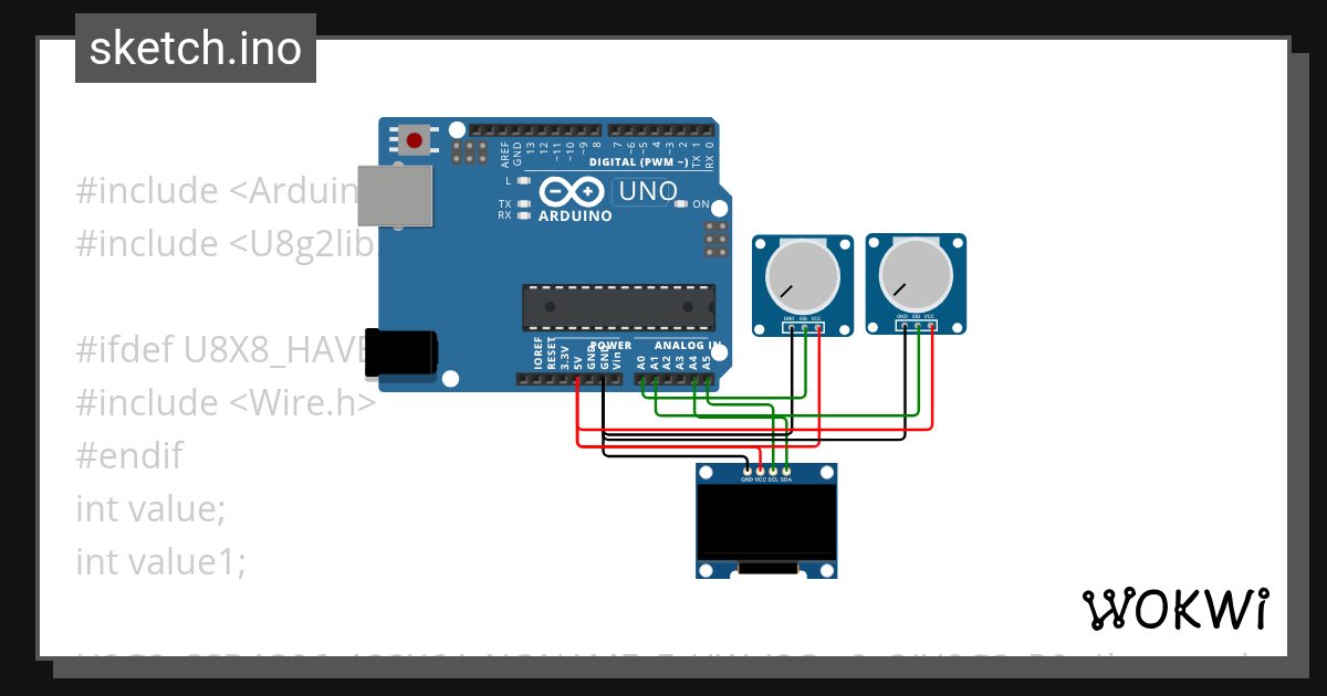 2 potmeters op OLED - Wokwi ESP32, STM32, Arduino Simulator