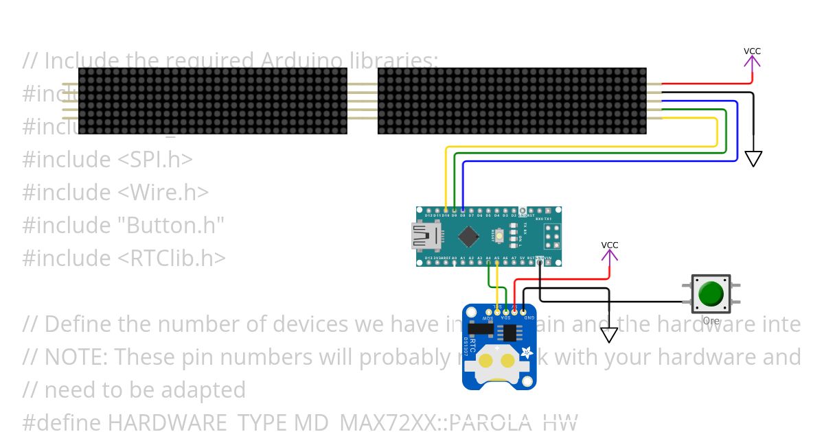 Arduino Nano Led matrix clock MD-Parola - 2x4 con Wire simulation