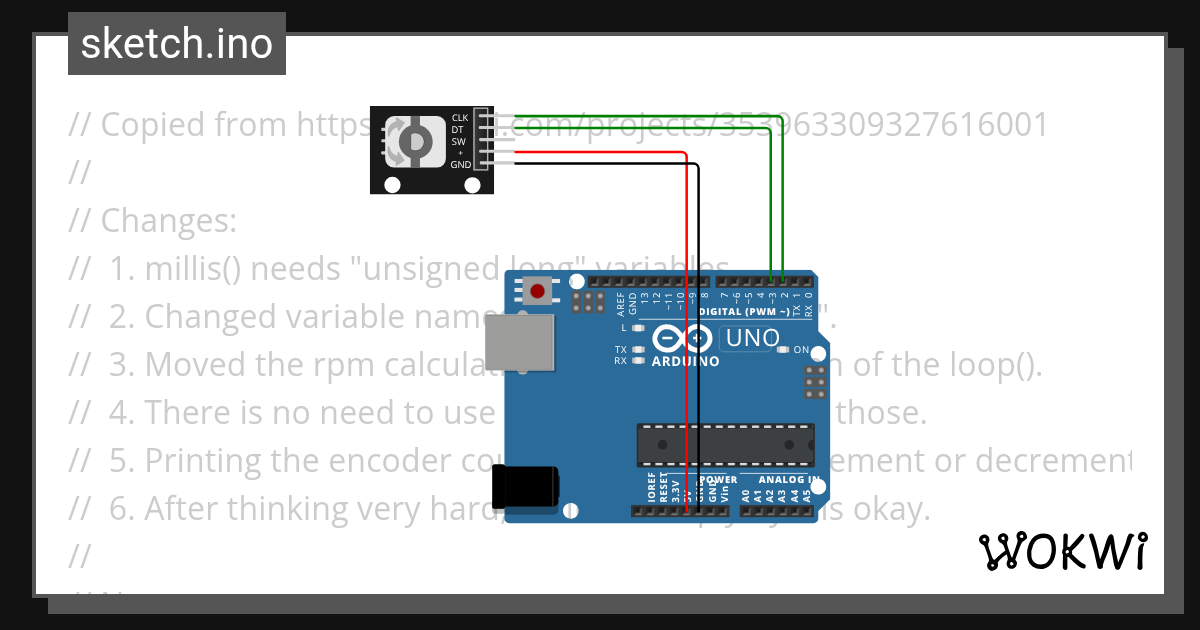 Rotary encoder pos, rotation, speed Wokwi ESP32, STM32, Arduino Simulator