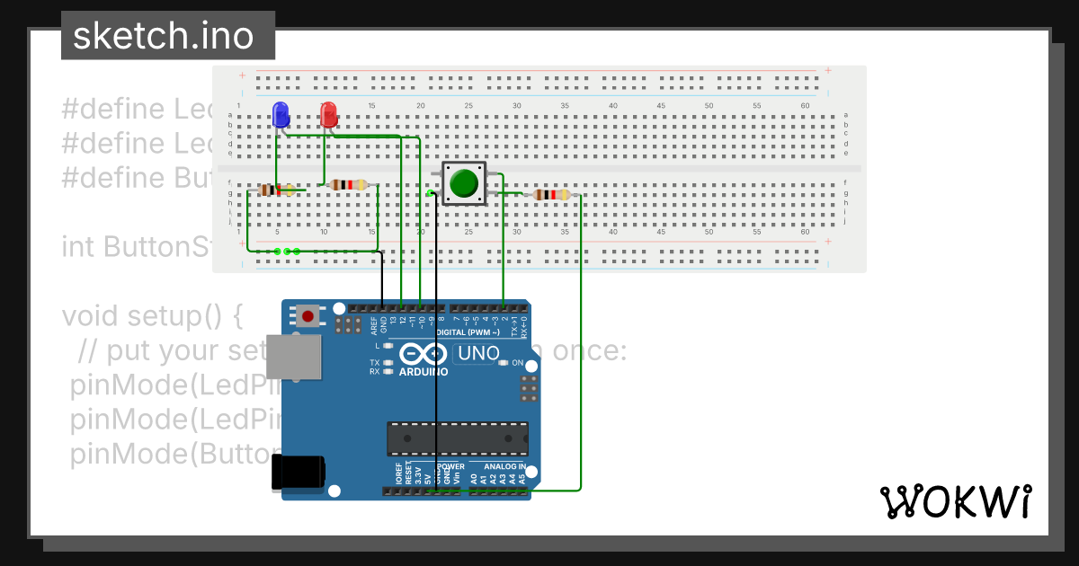 Dve diode i dugme - Wokwi ESP32, STM32, Arduino Simulator