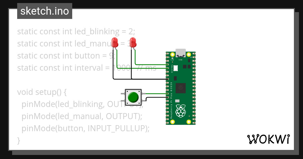 One led blinking with millis, one manual Wokwi ESP32, STM32, Arduino Simulator