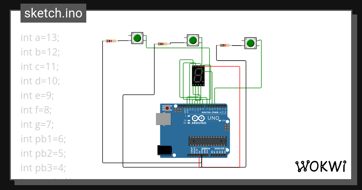 SEVEN SEGMENT+3PB - Wokwi ESP32, STM32, Arduino Simulator