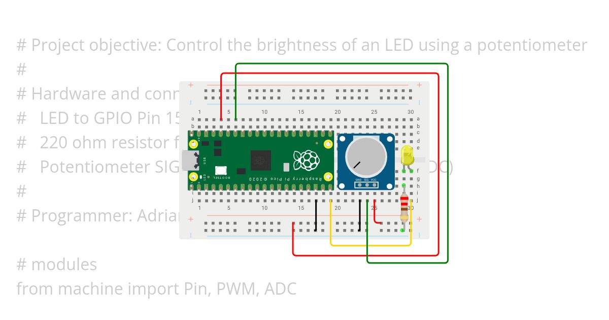 Raspberry Pi Pico Controlling LED brightness using Pot simulation