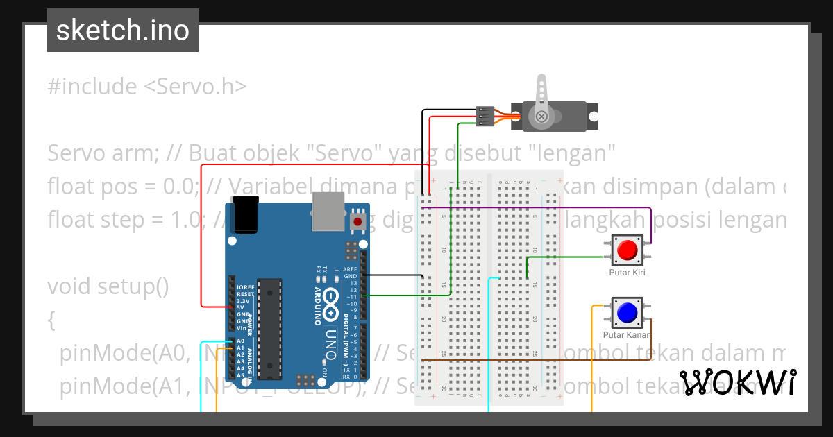 control servo dengan pushbutton - Wokwi ESP32, STM32, Arduino Simulator
