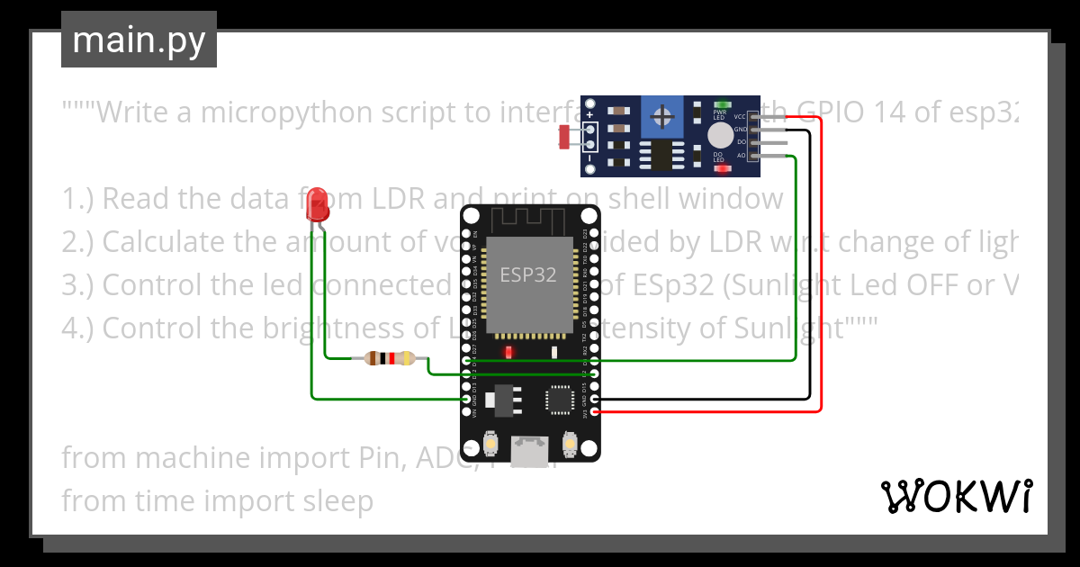 To interface an LDR with GPIO 14 of esp32 - Wokwi ESP32, STM32, Arduino ...