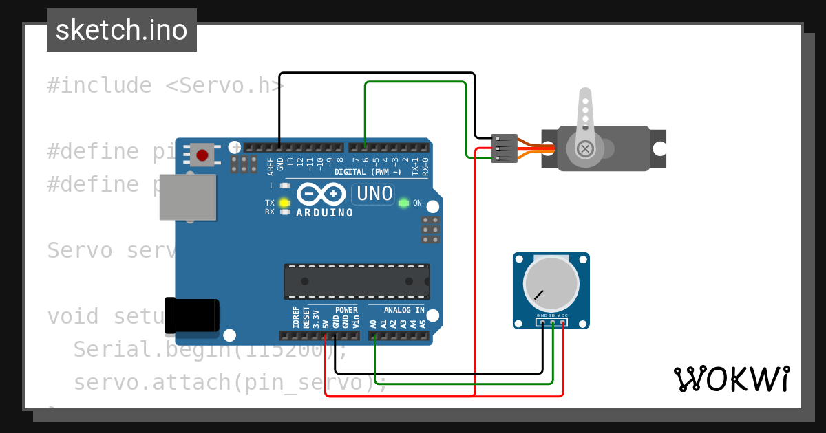 kontrol servo by potensiometer - Wokwi ESP32, STM32, Arduino Simulator