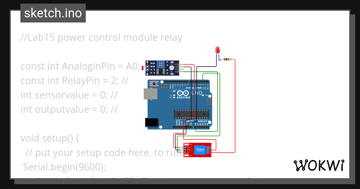 Lab15 power control module relay Wokwi ESP32, STM32, Arduino Simulator