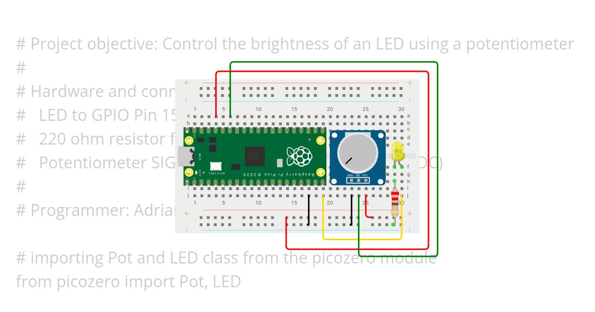 Raspberry Pi Pico Controlling LED brightness using Pot (picozero) simulation