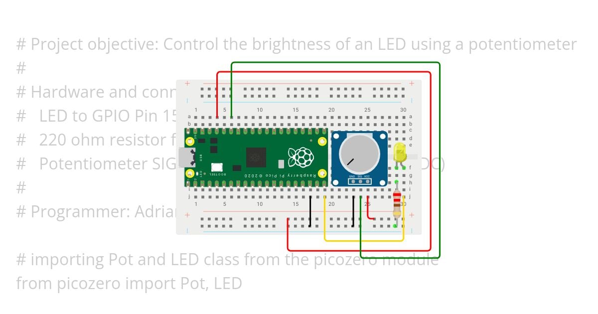 Raspberry Pi Pico Controlling LED brightness using Pot (picozero) simulation