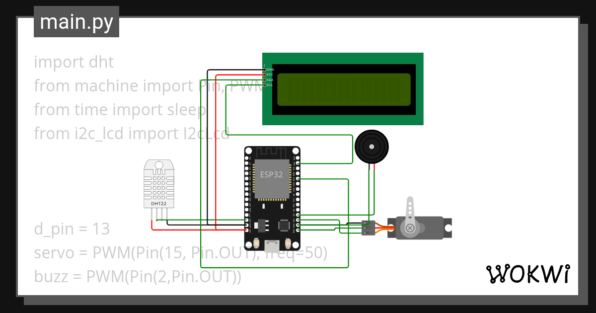 dht servo buzzer and lcd - Wokwi ESP32, STM32, Arduino Simulator