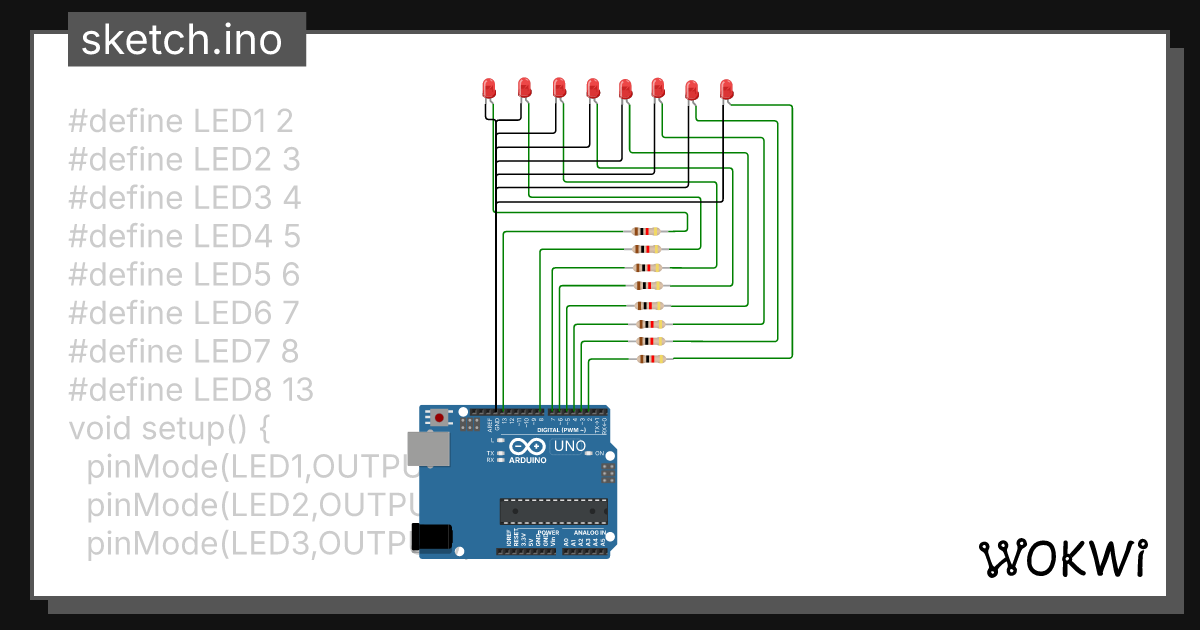 Бегущий огонек на 8 светодиодах - Wokwi ESP32, STM32, Arduino Simulator