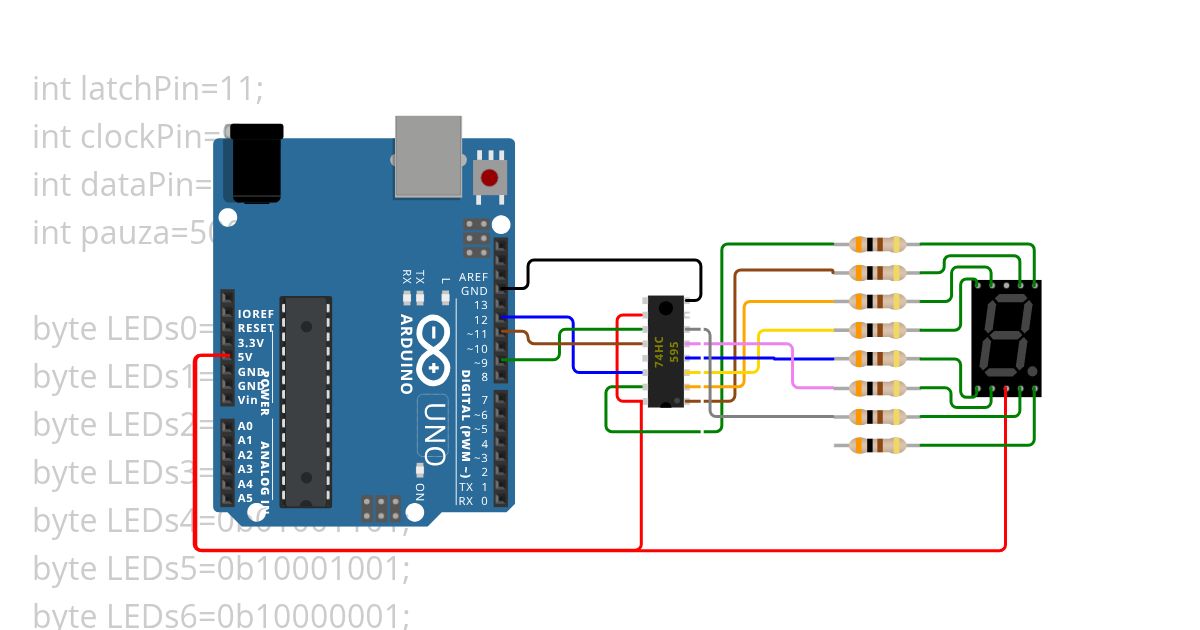7segment + 74HC595 od 0 do 9 simulation