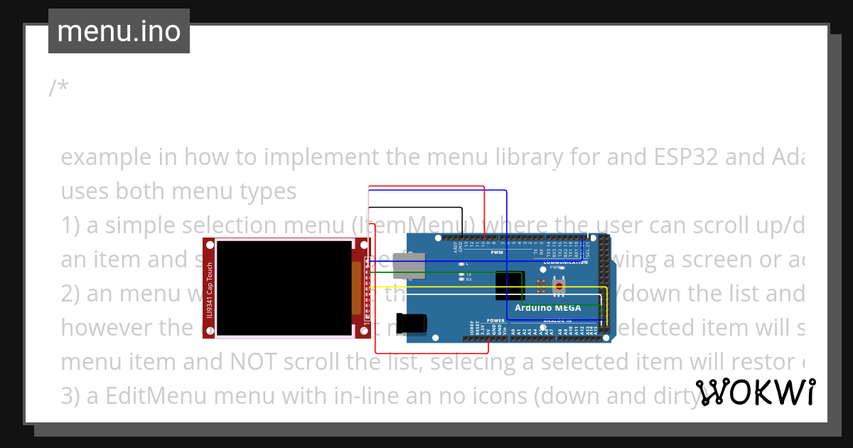 menu for the screen - Wokwi Arduino and ESP32 Simulator