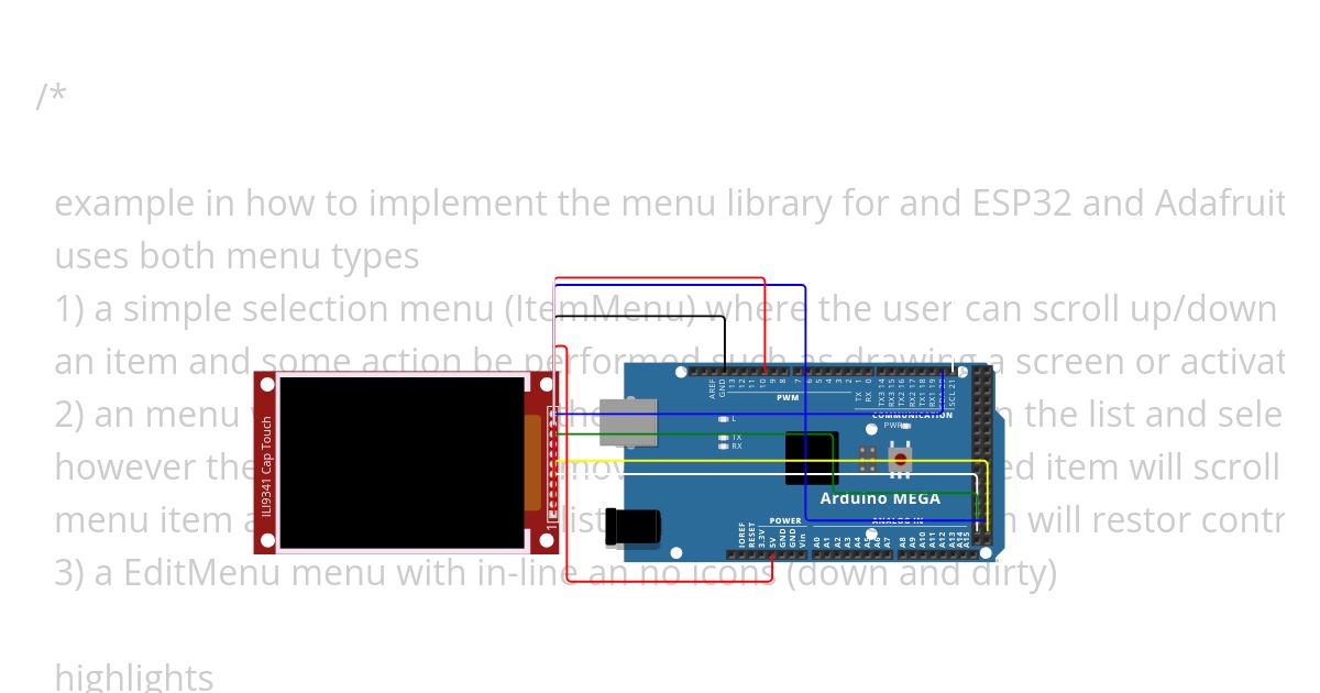 menu for the screen simulation