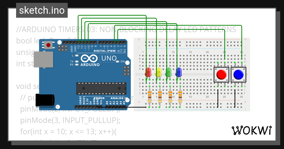Timers_02_NonBlockingDelayLEDPatterns Wokwi ESP32, STM32, Arduino