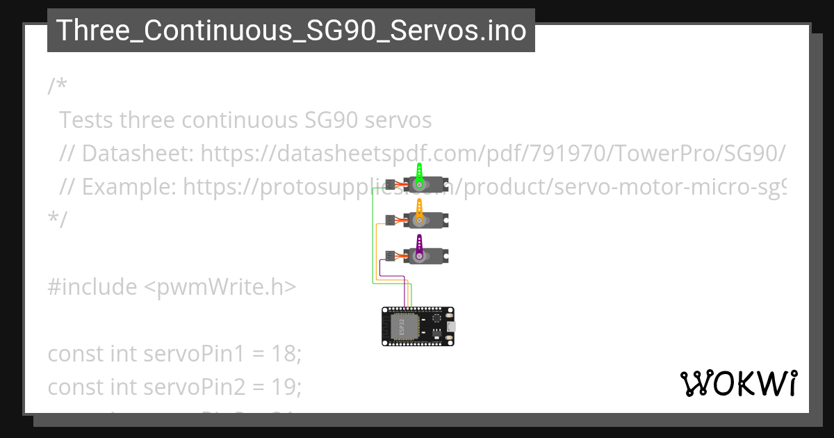 Three_Continuous_SG90_Servos.ino Wokwi ESP32, STM32, Arduino Simulator