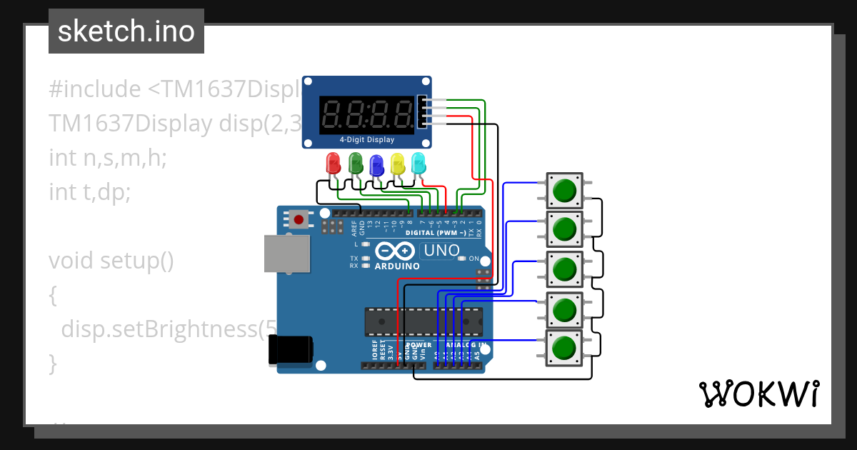6.0.ТМ1637(счет,сек,часы) - Wokwi ESP32, STM32, Arduino Simulator