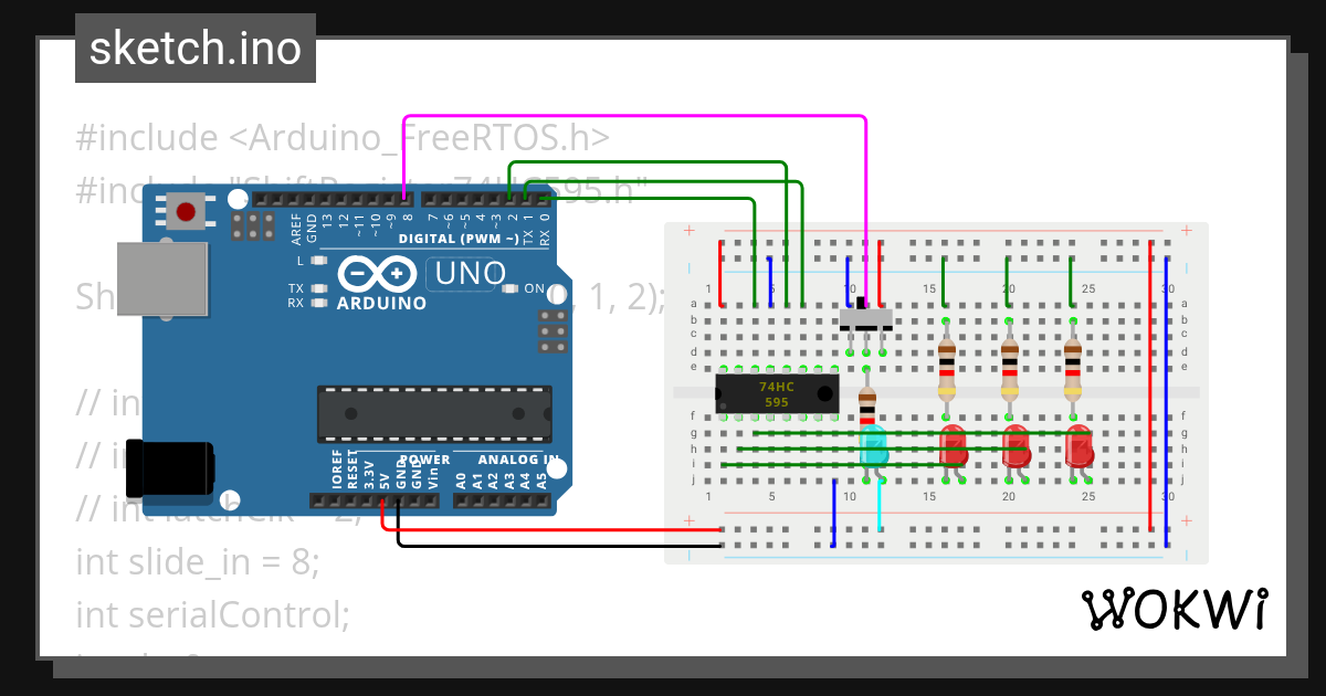 Relay shift register Copy Wokwi ESP32, STM32, Arduino Simulator