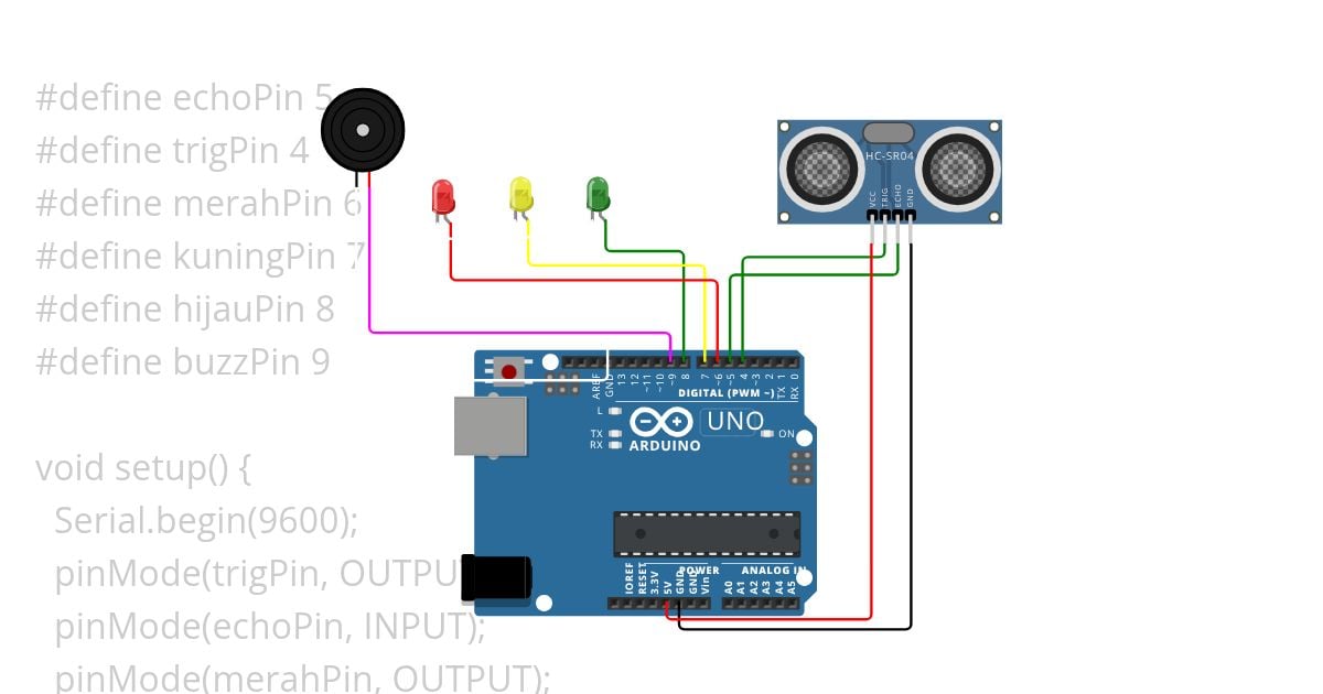 detektor banjir dengan LED + buzzer simulation