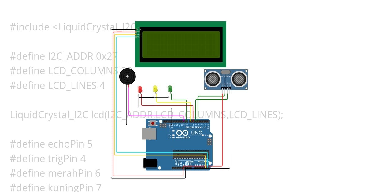 detektor banjir dengan LED + buzzer + LCD simulation