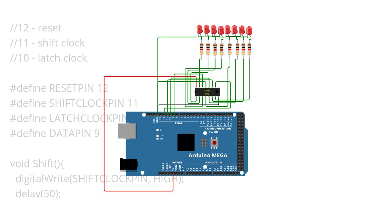 expanding arduino output pins using shift register Copy simulation