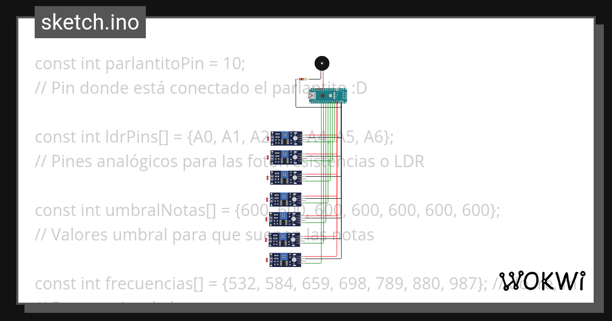 Notas musicales con LDR y Piezo Wokwi ESP32, STM32, Arduino Simulator