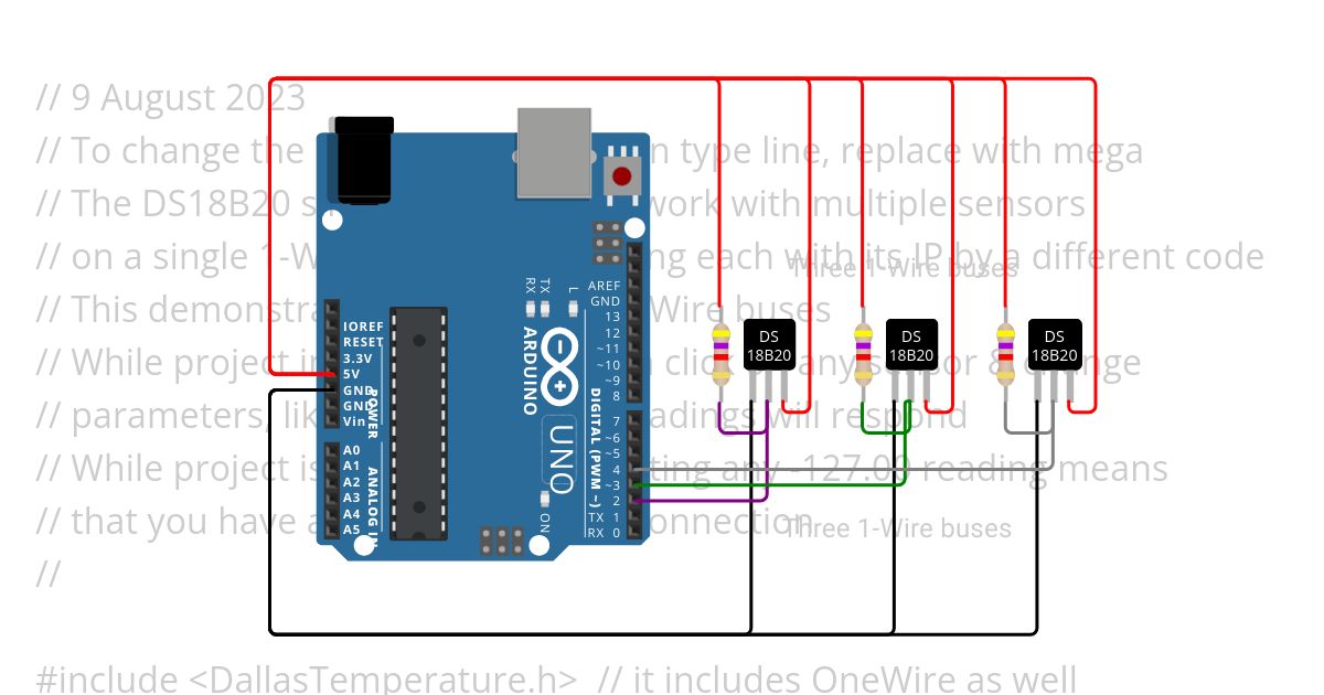 Original three 1-Wire buses on UNO perfect simulation