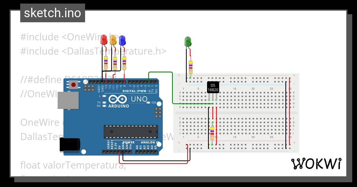 UNO DS18B20 - Wokwi ESP32, STM32, Arduino Simulator