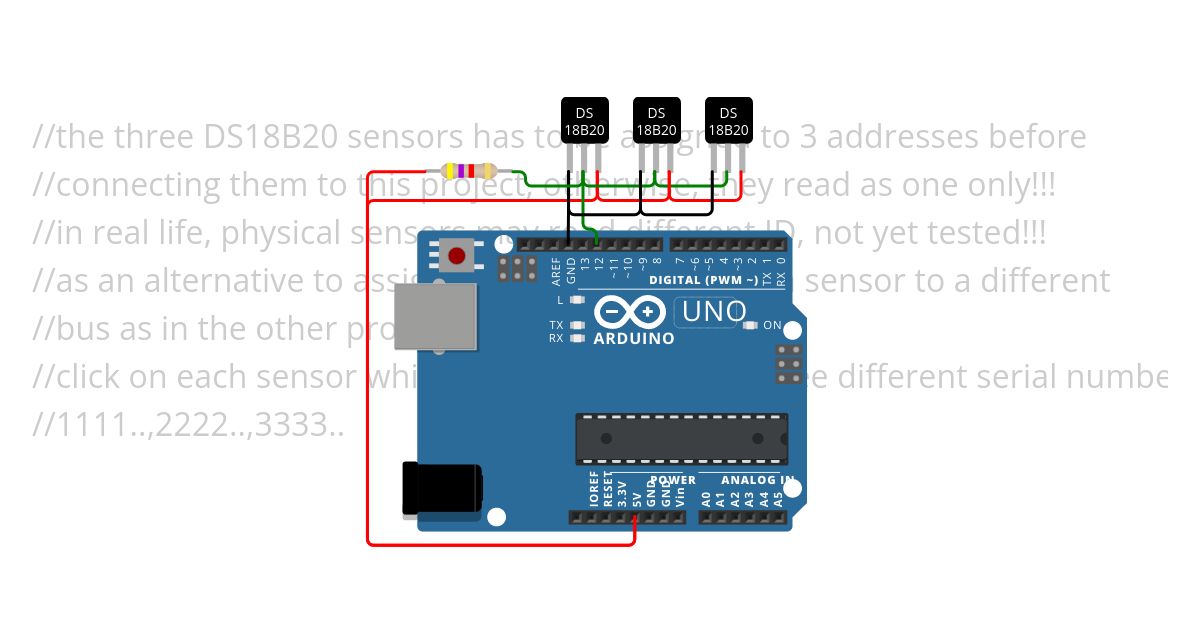 UNO 3x DS18B20 devices on the same OneWire bus Copy simulation