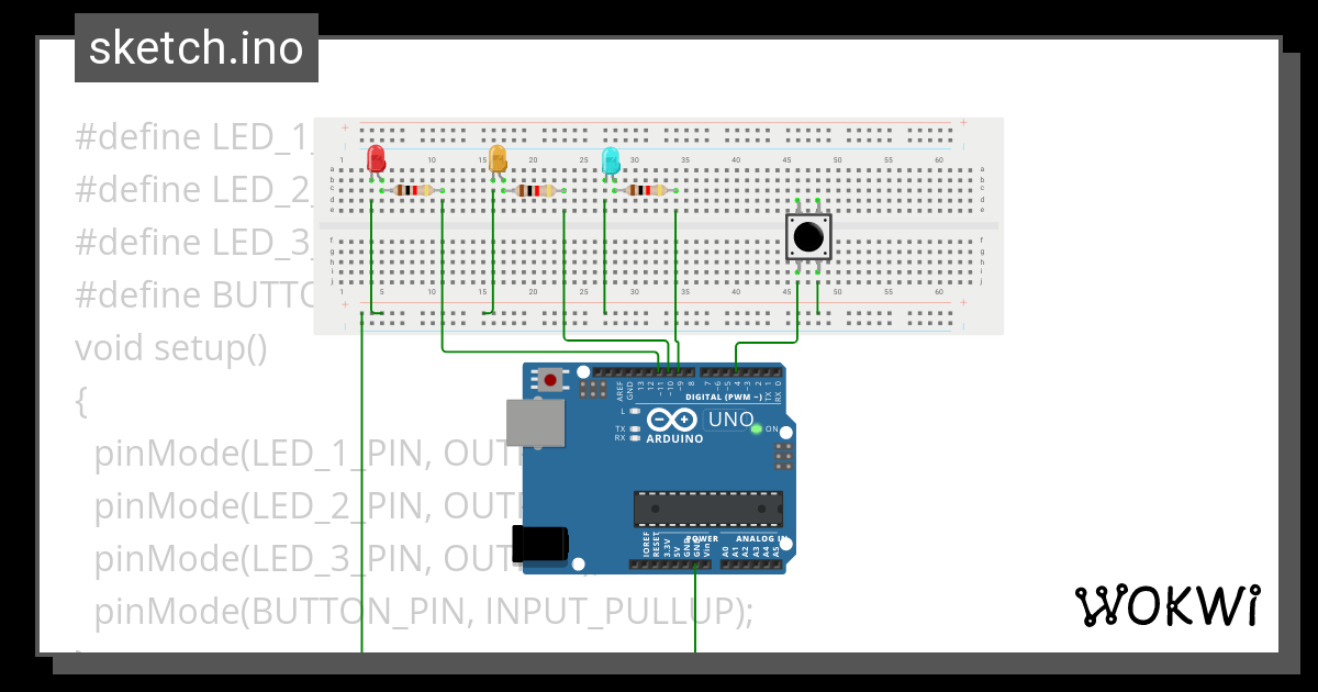 THREE BLINKING LED WITH PUSH BUTTON - Wokwi ESP32, STM32, Arduino Simulator