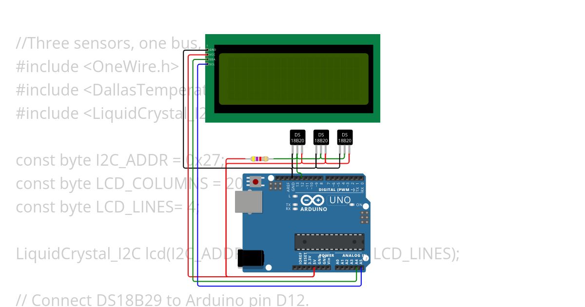 Three DS18B20 devices on the same OneWire bus Copy simulation