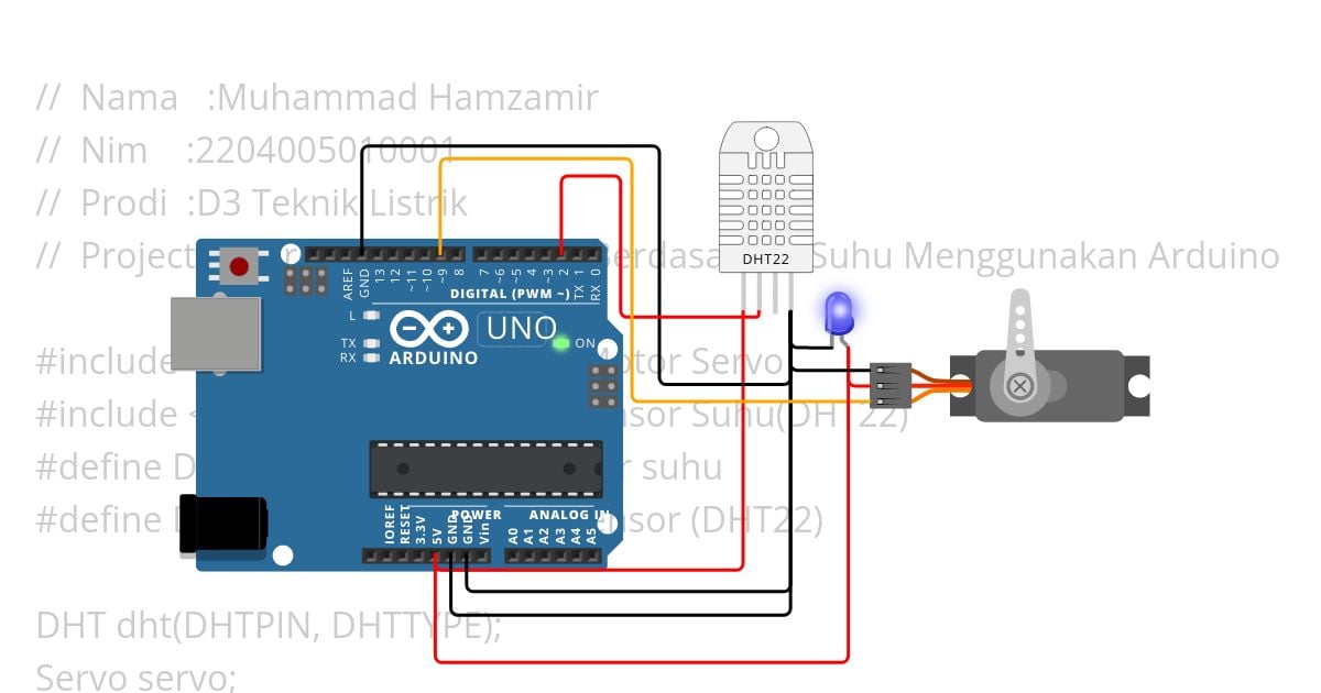 otomasi fan/servo berdasarkan suhu Menggunakan arduino(MUHAMMAD HAMZAMIR) simulation