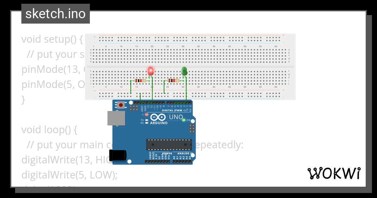 2 LED'S blinking alternatively - Wokwi ESP32, STM32, Arduino Simulator