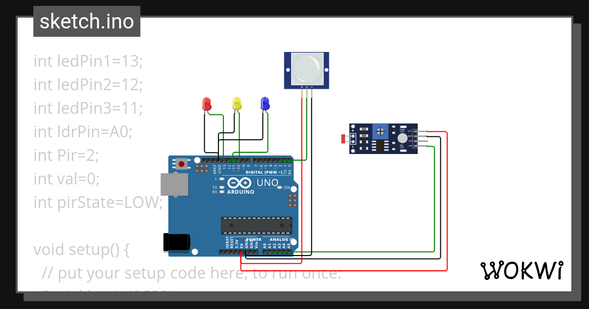 Sensor Cahaya + PIR 3 LED Copy - Wokwi ESP32, STM32, Arduino Simulator