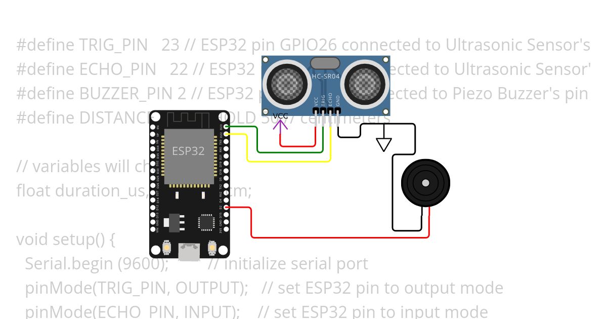 Ultrasonic Sensor with esp32 and buzzer simulation