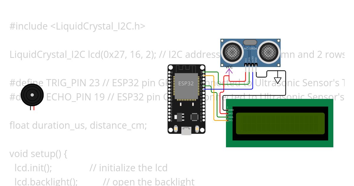 Ultrasonic Sensor with esp32 displaying Distance on LCD simulation