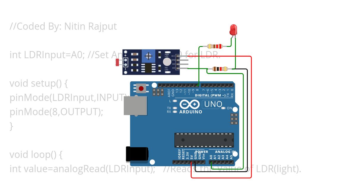 7. ON LED using LDR Sensor simulation