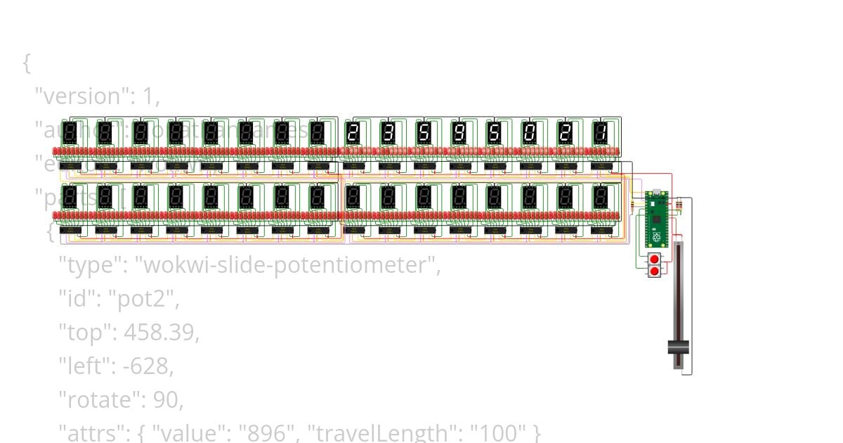 spi rw 64bit 7segment 8bit with decimal point 8 SPI driven 8x 74LS595 2button no resistors simulation