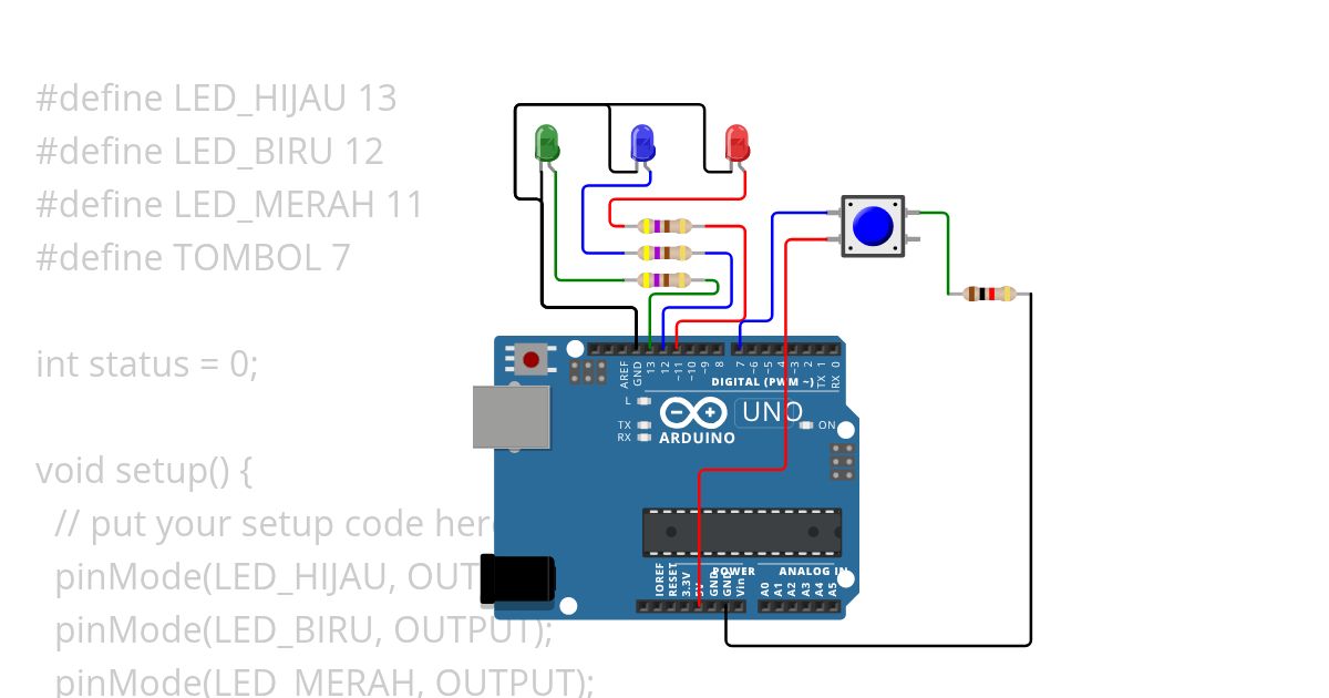 ARDUINO DENGAN PUSH BUTTON DAN 3 LED simulation